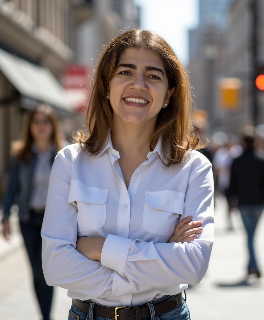Fernanda Guimarães com os braços cruzados e um sorriso em uma rua movimentada.